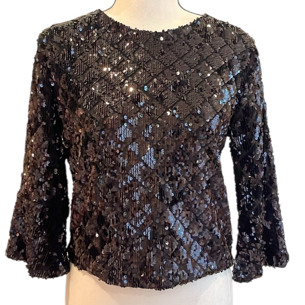 Molly US Corp Black Sequin Top Bell Sleeve Size Small Sparkles Holidays Vintage